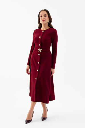 Kadın Bordo Uzun Kol Gold Düğmeli Midi Elbise