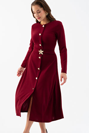 Kadın Bordo Uzun Kol Gold Düğmeli Midi Elbise