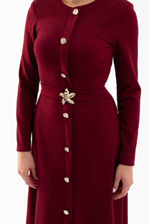 Kadın Bordo Uzun Kol Gold Düğmeli Midi Elbise