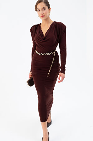 Kadın Kahverengi Degaje Yaka Zincir Kemerli Maxi Elbise