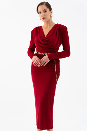 Kadın Bordo Degaje Yaka Zincir Kemerli Maxi Elbise