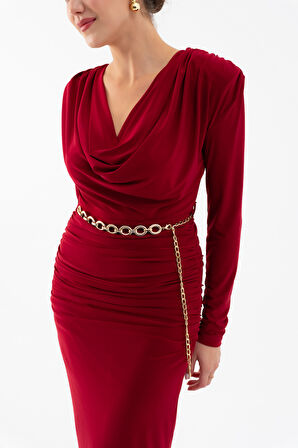 Kadın Bordo Degaje Yaka Zincir Kemerli Maxi Elbise