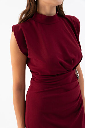 Kadın Bordo Aksesuar Detay Vatkalı Midi Elbise