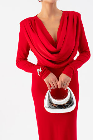 Kadın Kırmızı Pileli Degaje Yaka Elbise