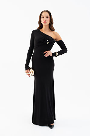 Kadın Siyah Tek Omuz Taş Aksesuarlı Maxi Elbise
