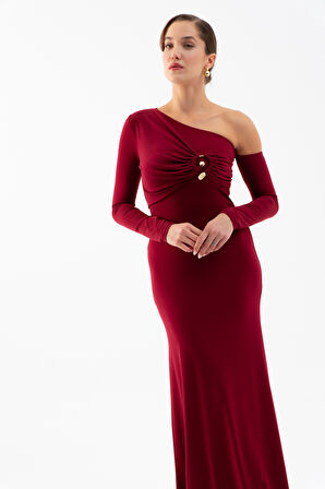 Kadın Bordo Tek Omuz Taş Aksesuarlı Maxi Elbise