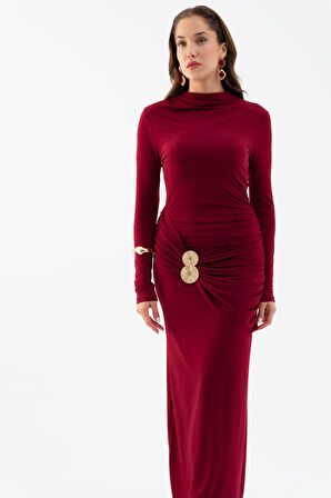 Kadın Bordo Uzun Kol Aksesuar Drapeli Maxi Elbise