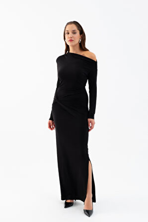 Kadın Siyah Düğüm Detay Uzun Örme Elbise