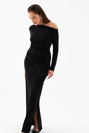 Kadın Siyah Düğüm Detay Uzun Örme Elbise