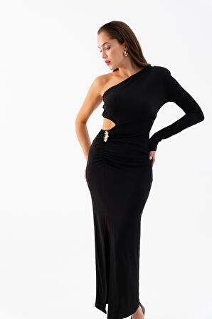 Kadın Siyah Tek Kol Bel Dekolteli Uzun Elbise
