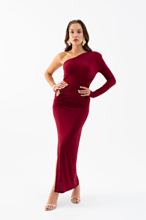Kadın Bordo Tek Kol Bel Dekolteli Uzun Elbise