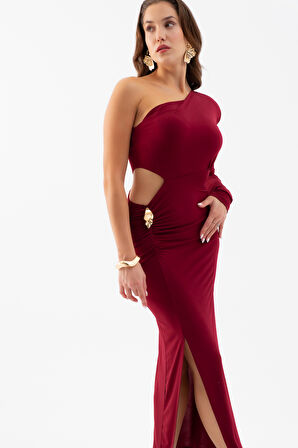Kadın Bordo Tek Kol Bel Dekolteli Uzun Elbise