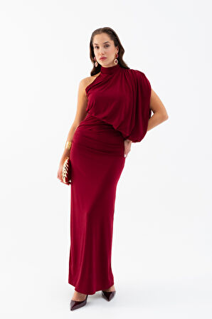 Kadın Bordo Tek Omuz Drape Detaylı Uzun Elbise