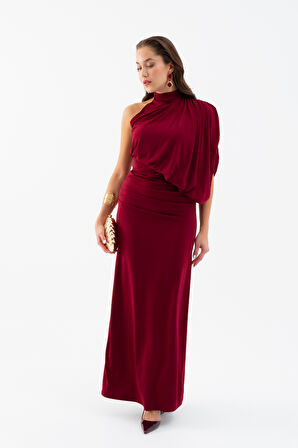 Kadın Bordo Tek Omuz Drape Detaylı Uzun Elbise
