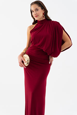 Kadın Bordo Tek Omuz Drape Detaylı Uzun Elbise