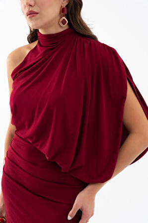 Kadın Bordo Tek Omuz Drape Detaylı Uzun Elbise