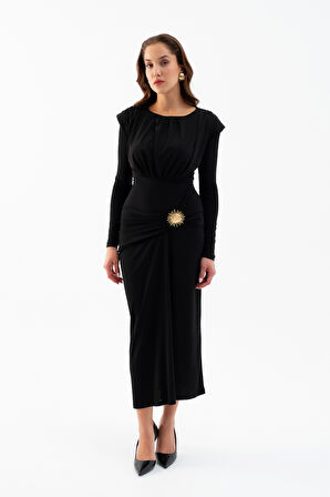 Kadın Siyah Büzgü Detaylı Uzun Kollu Elbise