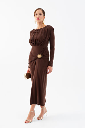 Kadın Kahverengi Büzgü Detaylı Uzun Kollu Elbise