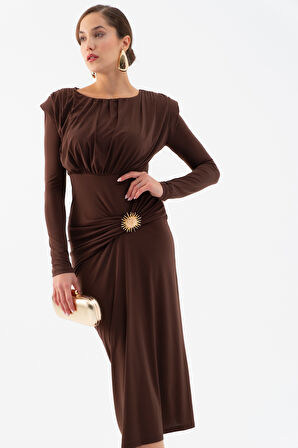 Kadın Kahverengi Büzgü Detaylı Uzun Kollu Elbise