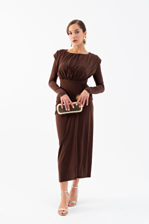Kadın Kahverengi Büzgü Detaylı Uzun Kollu Elbise