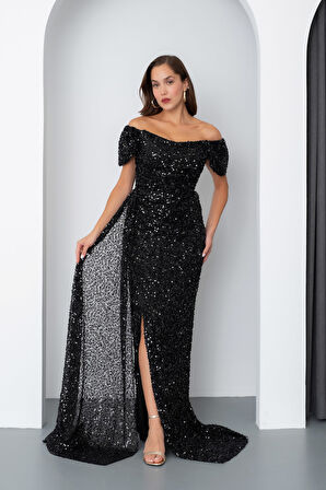 Kadın Siyah Pul Payet İşlemeli Uzun Abiye Elbise