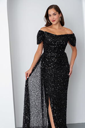 Kadın Siyah Pul Payet İşlemeli Uzun Abiye Elbise