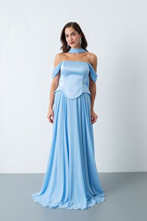 Kadın Bebe Mavi Şal Yaka Straplez Söz Nişan Abiye Elbise