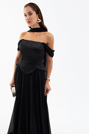 Kadın Siyah Şal Yaka Straplez Söz Nişan Abiye Elbise