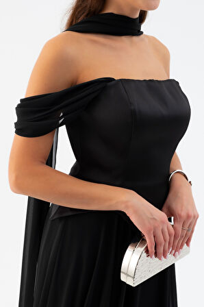 Kadın Siyah Şal Yaka Straplez Söz Nişan Abiye Elbise