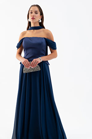 Kadın Lacivert Şal Yaka Straplez Söz Nişan Abiye Elbise