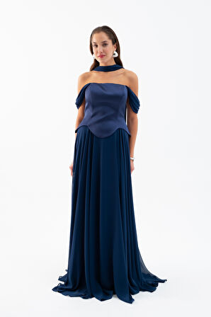 Kadın Lacivert Şal Yaka Straplez Söz Nişan Abiye Elbise
