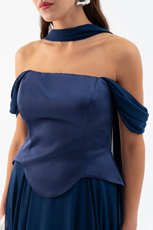 Kadın Lacivert Şal Yaka Straplez Söz Nişan Abiye Elbise