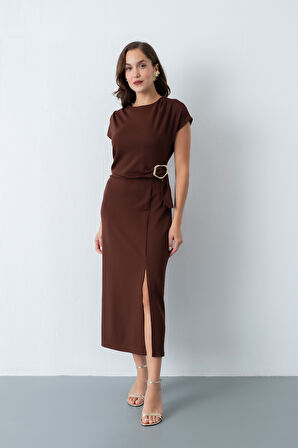 Kadın Kahverengi Toka Detay Midi Davet Elbisesi