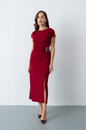 Kadın Bordo Toka Detay Midi Davet Elbisesi