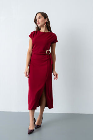 Kadın Bordo Toka Detay Midi Davet Elbisesi