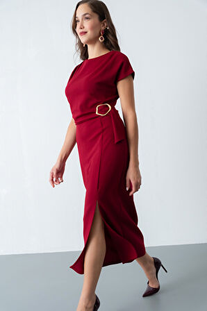 Kadın Bordo Toka Detay Midi Davet Elbisesi