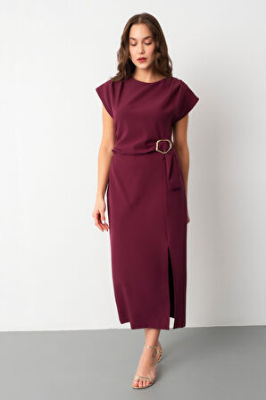 Kadın Mürdüm Toka Detay Midi Davet Elbisesi