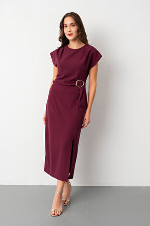 Kadın Mürdüm Toka Detay Midi Davet Elbisesi