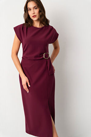 Kadın Mürdüm Toka Detay Midi Davet Elbisesi