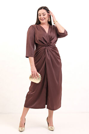 Kadın Kahverengi V Yaka Midi Abiye Elbise