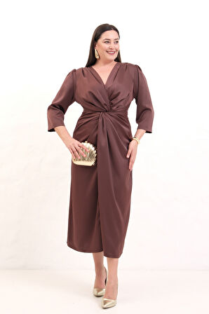 Kadın Kahverengi V Yaka Midi Abiye Elbise
