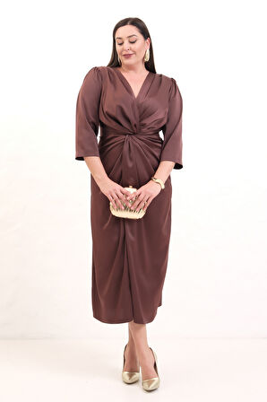 Kadın Kahverengi V Yaka Midi Abiye Elbise