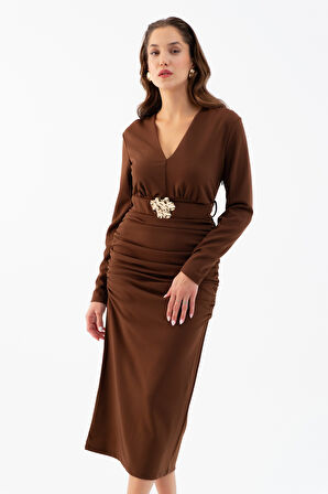 Kadın Kahverengi Kemerli Büzgü Detay Uzun Elbise