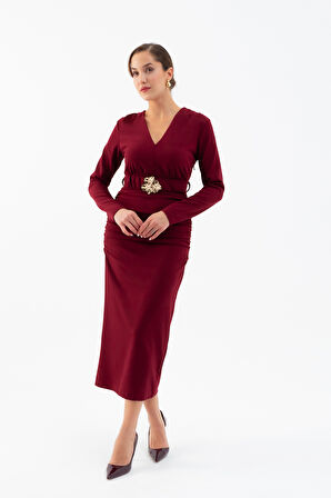 Kadın Bordo Kemerli Büzgü Detay Uzun Elbise