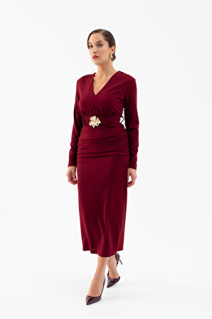 Kadın Bordo Kemerli Büzgü Detay Uzun Elbise