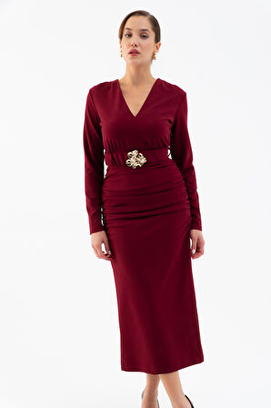 Kadın Bordo Kemerli Büzgü Detay Uzun Elbise