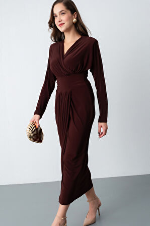 Kadın Kahverengi V Yaka Midi Elbise