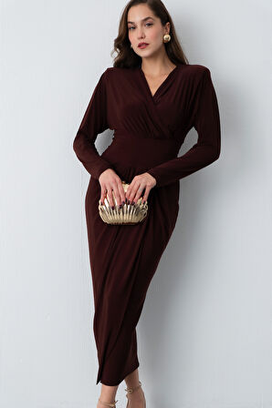 Kadın Kahverengi V Yaka Midi Elbise