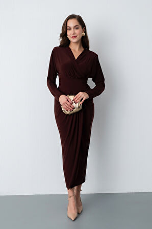 Kadın Kahverengi V Yaka Midi Elbise