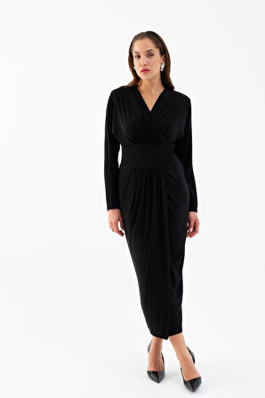 Kadın Siyah V Yaka Midi Elbise
